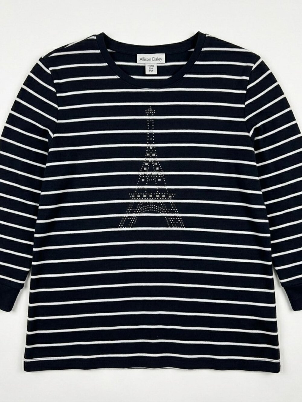 Eiffel Tower Embellished Logo Stripe Top Blouse Allison Daley 3/4 Sleeve SzMP